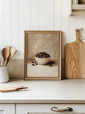 Small framed coffee bean cafe print on farmhouse kitchen counter with cutting board