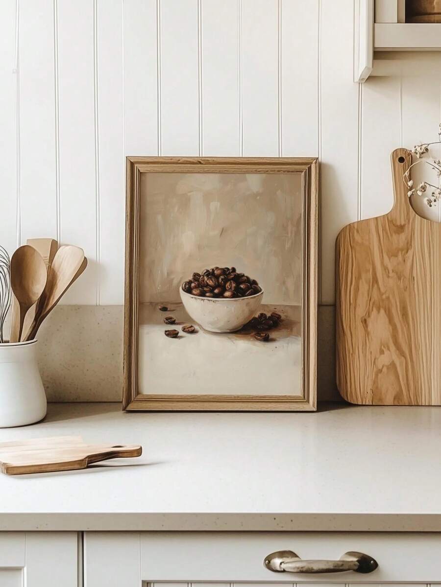 Small framed coffee bean cafe print on farmhouse kitchen counter with cutting board