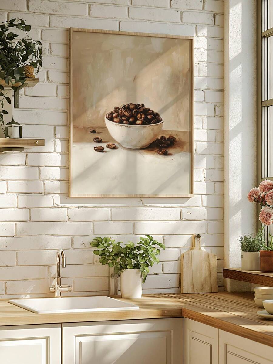 Moody coffee bean still life poster leaning on sunlit kitchen counter by window
