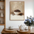 Coffee bean bowl wall art above dining table with teapot cups and blue flowers