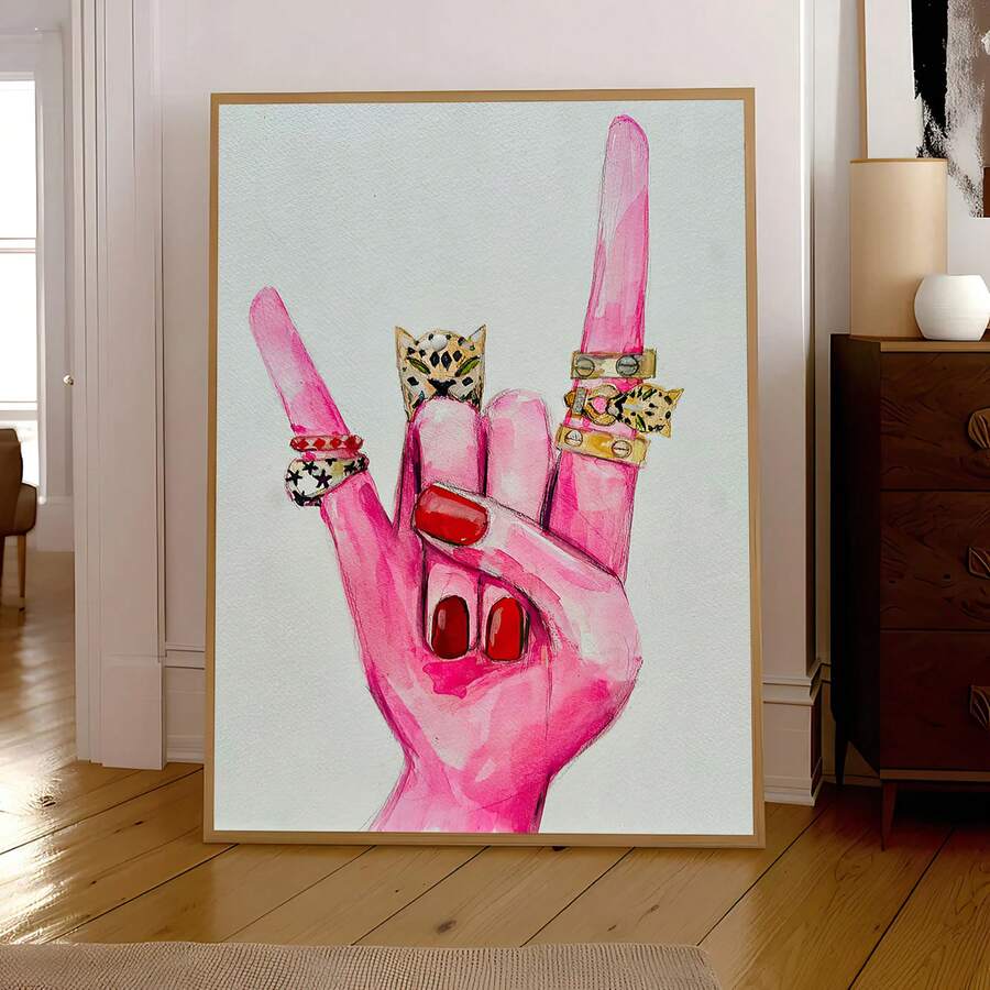Fashion illustration wall art in hot pink red and gold