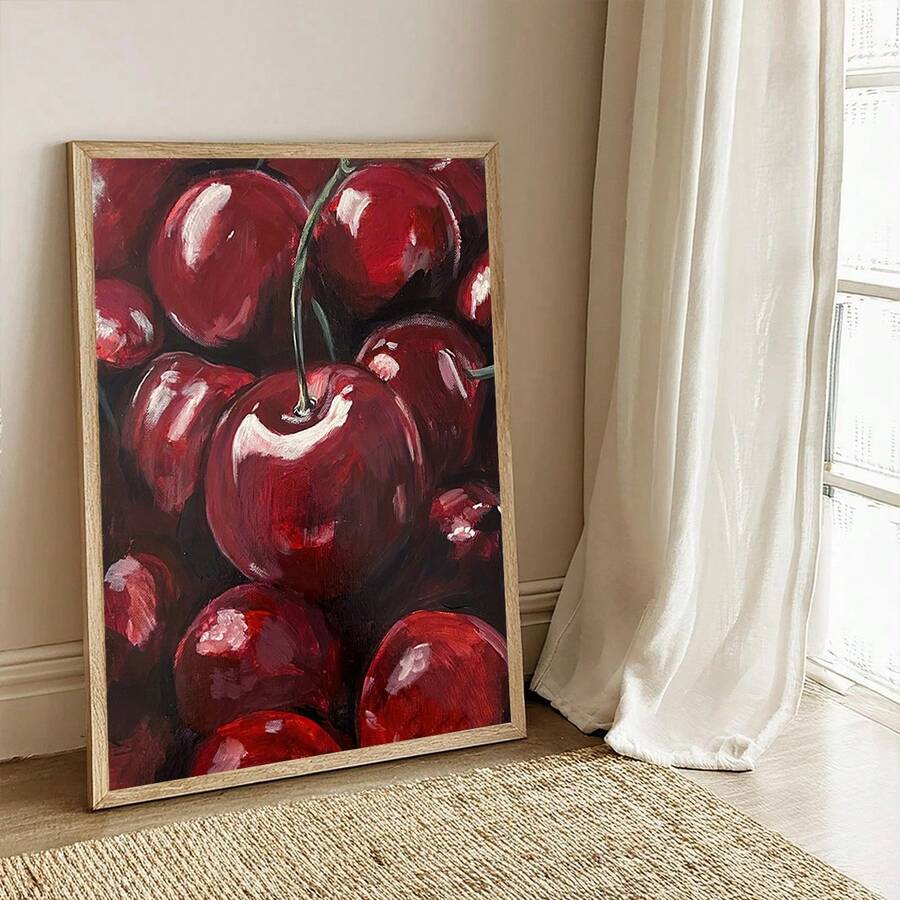 Red fruit wall art with deep burgundy tones and bold painterly texture