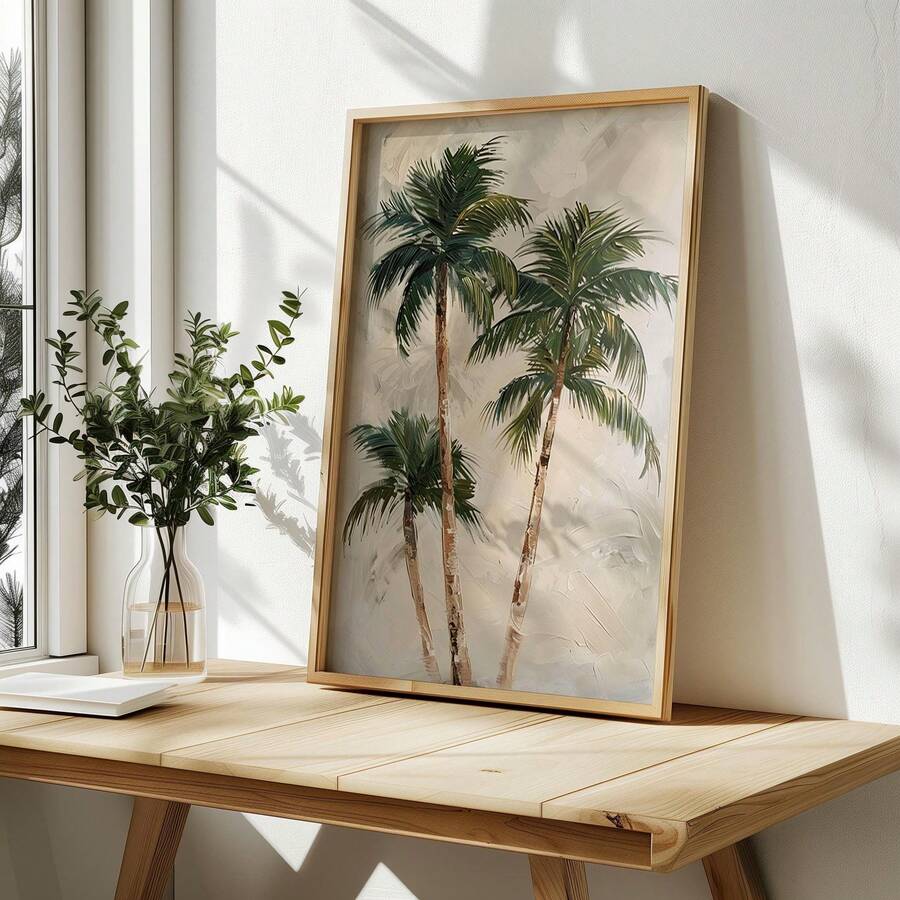 Framed palm botanical artwork on wooden desk near window and vase