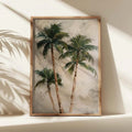 Tropical palm tree print in natural wood frame against bright wall