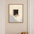 Pastel window art print with person reading and orange cat