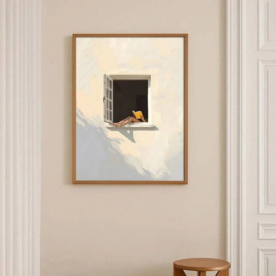 Pastel window art print with person reading and orange cat