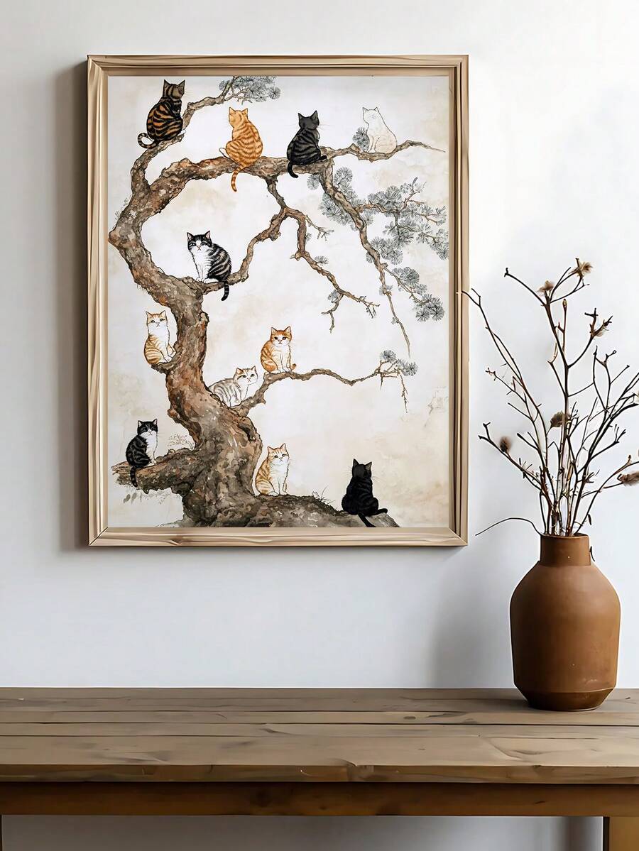 Japanese cat print with cats on pine tree in ink style