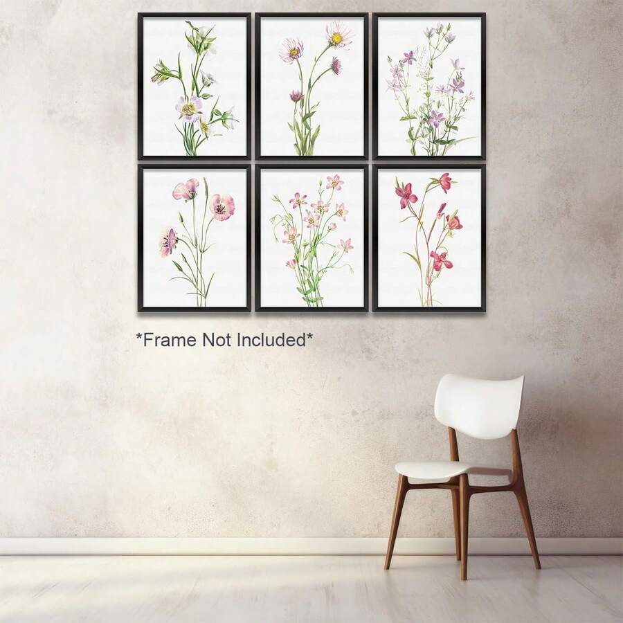 Six vintage botanical flower prints in a grid on a textured wall