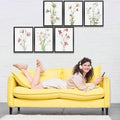 Six botanical prints in an asymmetric gallery above a yellow sofa