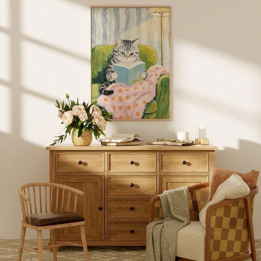 Bring warmth and character to any space with this charming tabby cat art print. Featuring a whimsical cartoon design, this unframed canvas piece captures the cozy essence of vintage aesthetics.