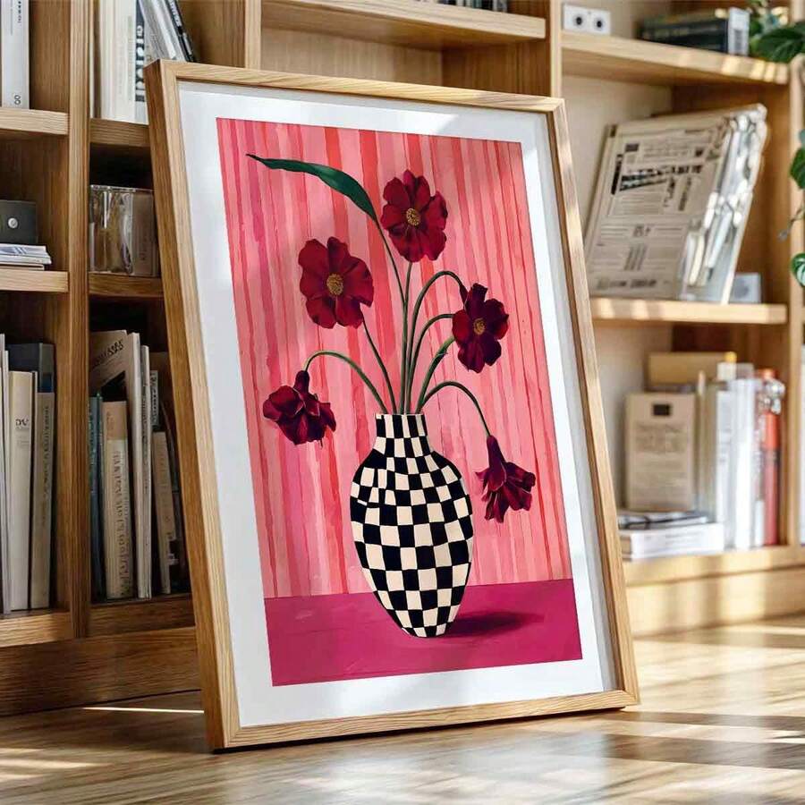 Pink and burgundy botanical checkered vase poster styled in a bookshelf office