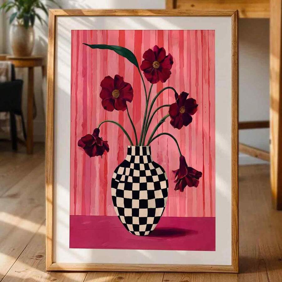 Berry pink floral vase and black cream checkerboard canvas poster in a sunlit wood frame
