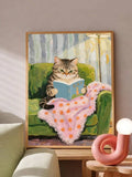 Whimsical tabby cat wall art on console with pink blanket
