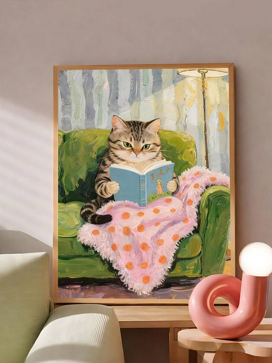 Whimsical tabby cat wall art on console with pink blanket