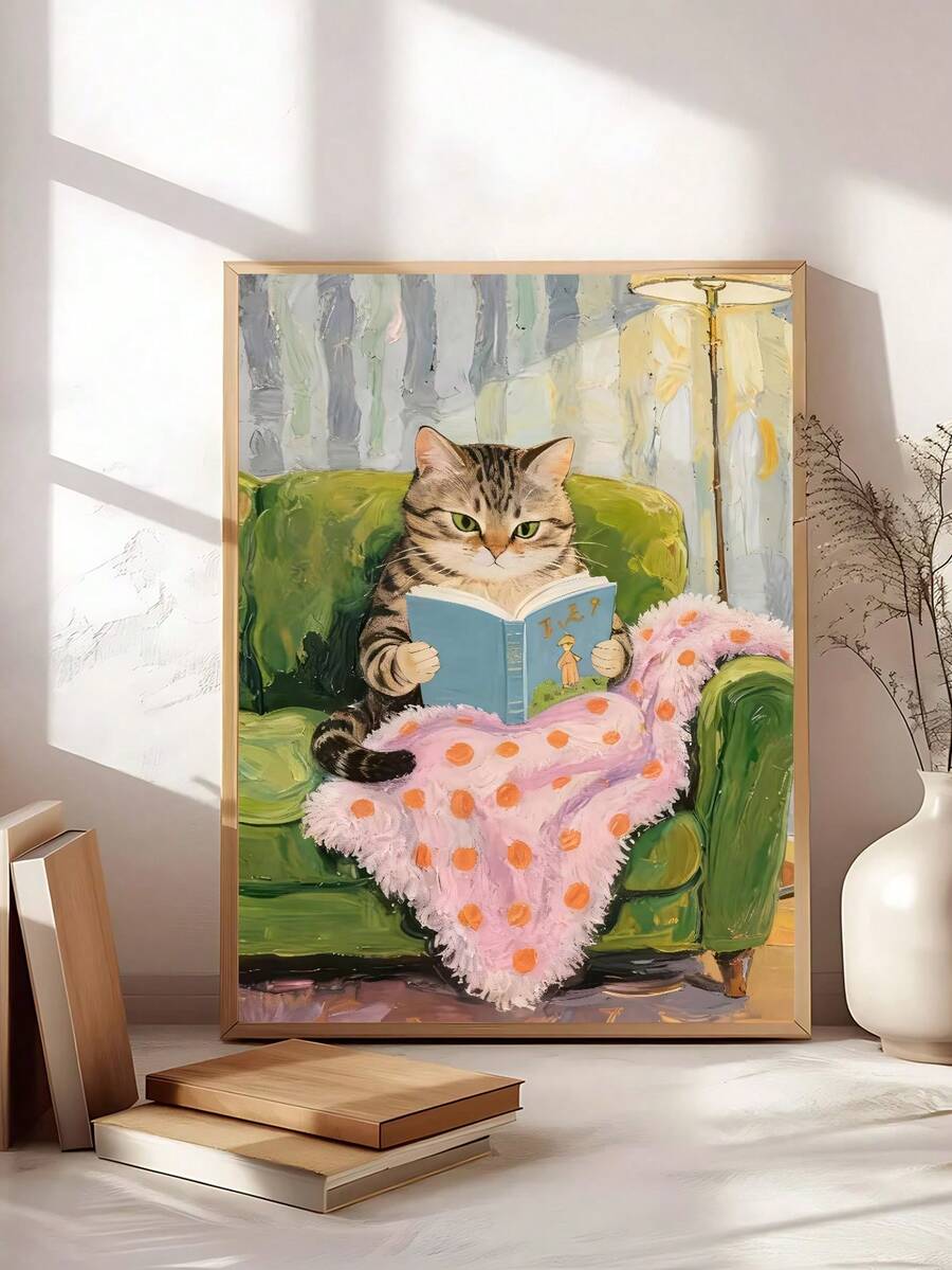 Framed tabby cat reading blue book on green armchair wall art