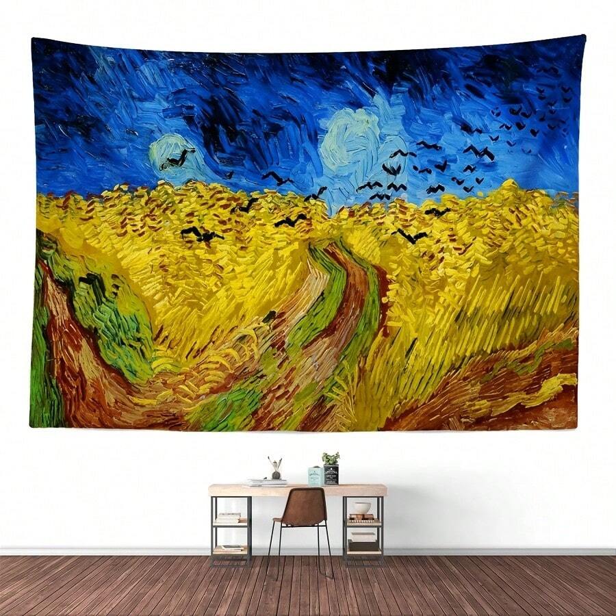 Van Gogh style wheat field tapestry with yellow crops blue sky path and black birds