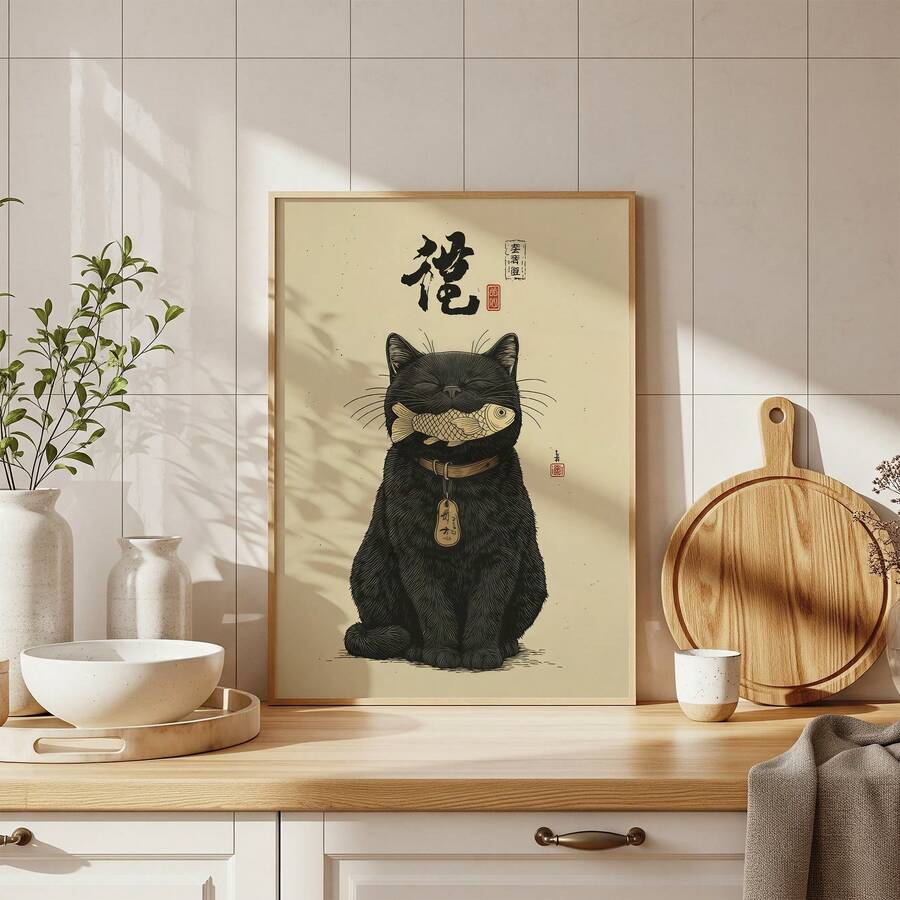 Black cat holding a fish vintage canvas in a light wood frame against a mauve wall