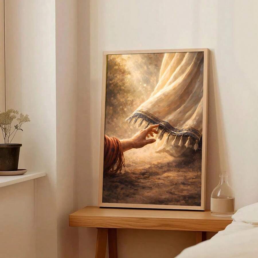 Front view 1 of Christian Faith And Healing Wall Art Print, Woman Touching Jesus Hem Canvas, Jesus Aesthetic Decor Religion from Jose Collections