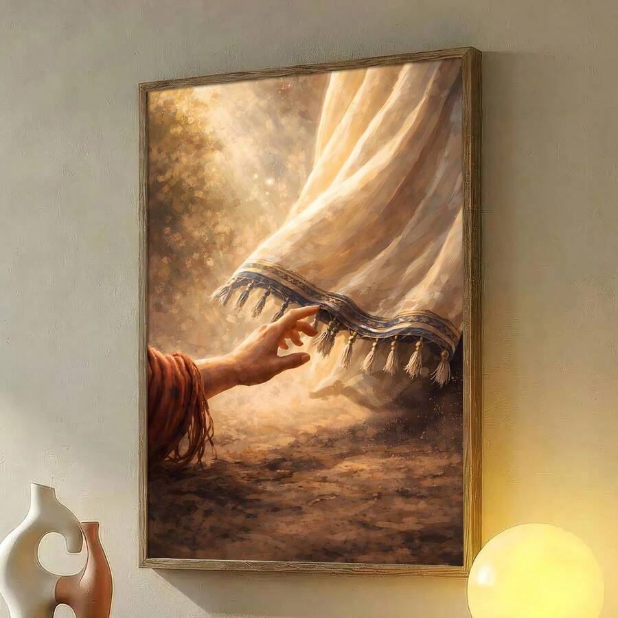 Front view 1 of Christian Faith And Healing Wall Art Print, Woman Touching Jesus Hem Canvas, Jesus Aesthetic Decor Religion from Jose Collections