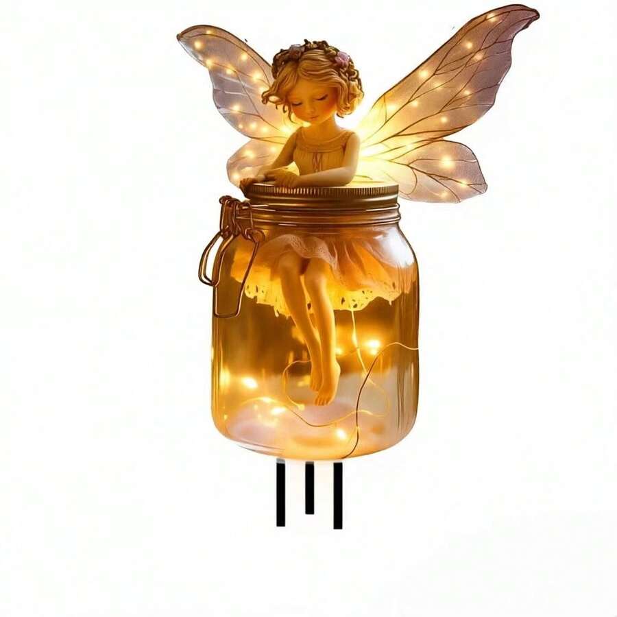Whimsical fairy mason jar light for lawn patio planter and garden decor