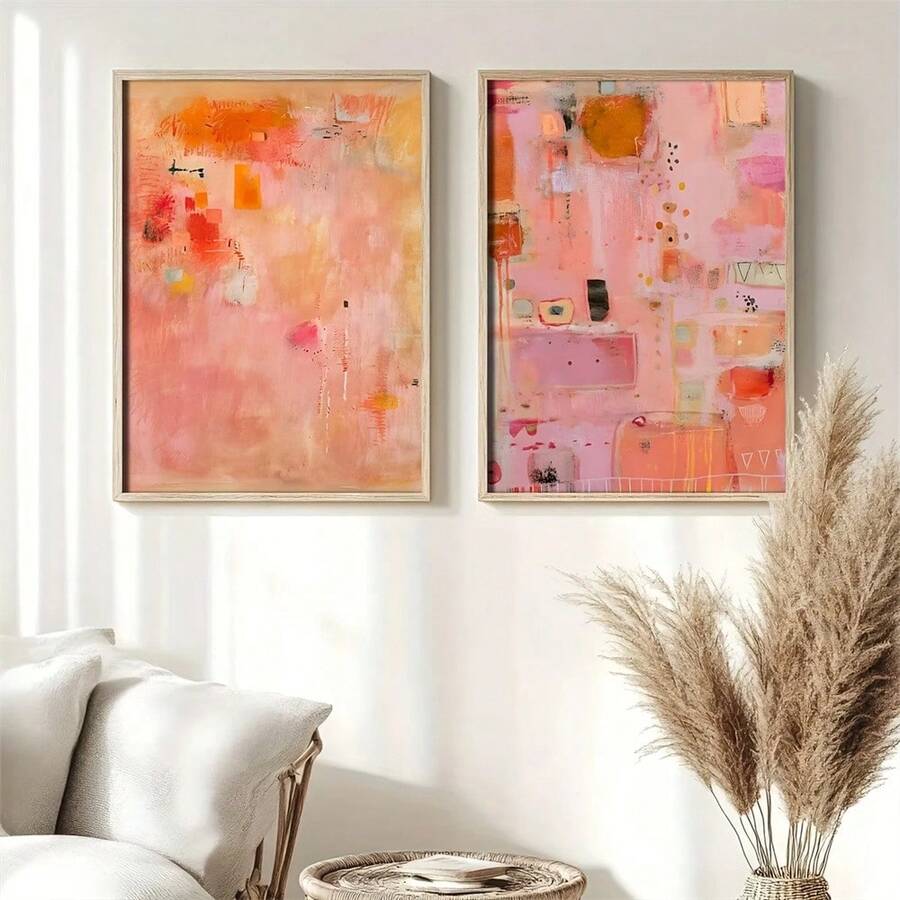Abstract pink orange canvas art in light frame