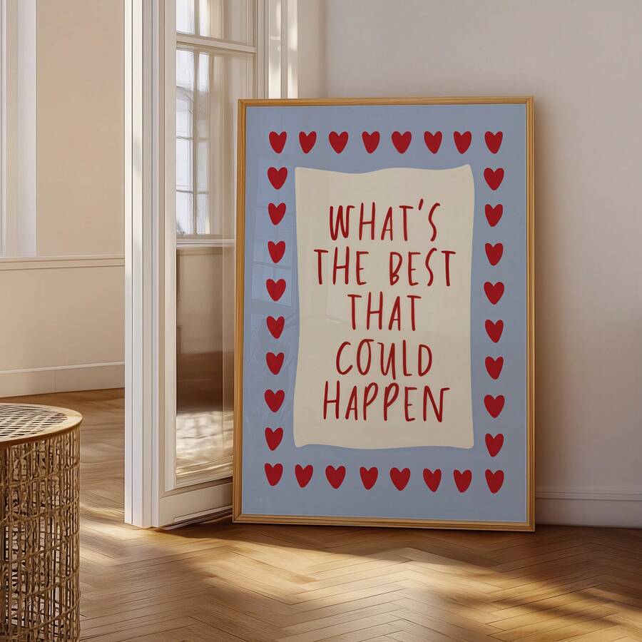 Pale blue and red heart poster beside a sunlit glass doorway