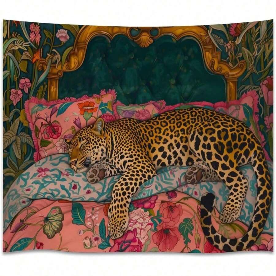 Jungle animal wall decor with spotted leopard on floral bed