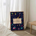Colorful doodle poster leaning near curtains