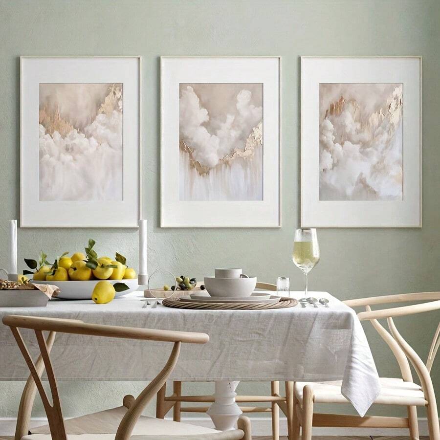 Cloud three-piece wall art with white mats in dining room