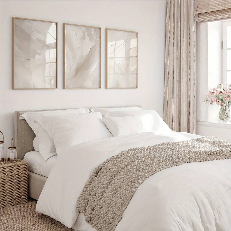 Neutral abstract triptych in a calm modern bedroom mockup