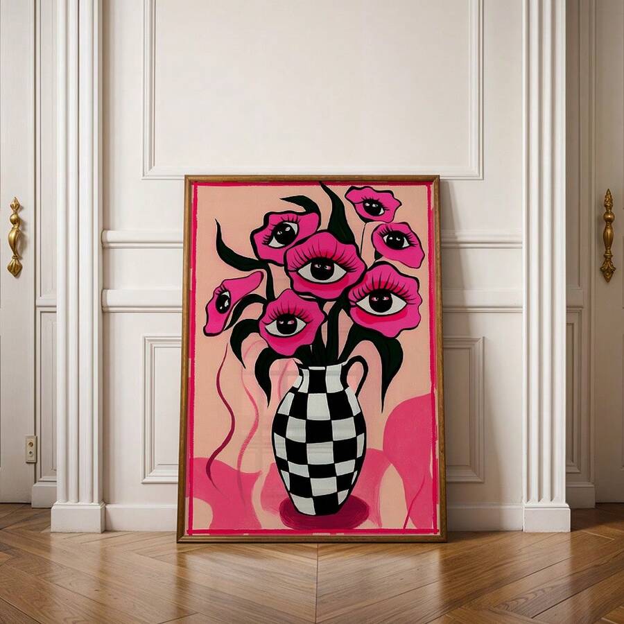 Pop-surreal floral vase poster with pink eyes in a warm wood frame