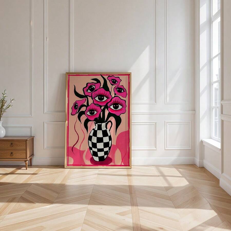 Graphic pink eyes and checkered vase canvas print styled as a floor-leaning wall art piece