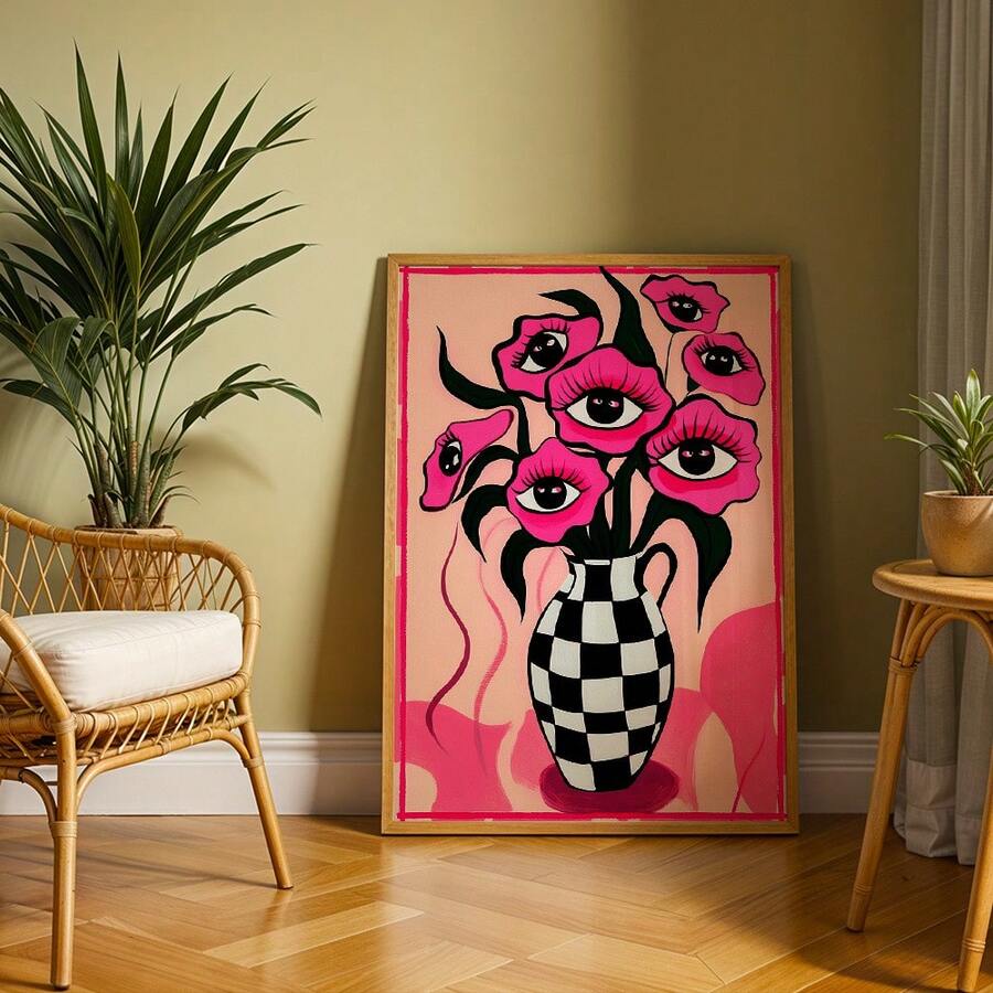 Pink and black pop-surreal canvas poster with floral vase in a living room