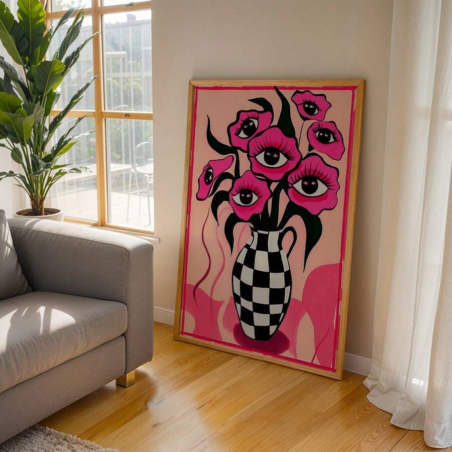 Surreal floral checkered vase wall art in a wood frame in a creative interior