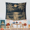 Beach sunset palm tree tapestry used as playroom wall decor above table and toys