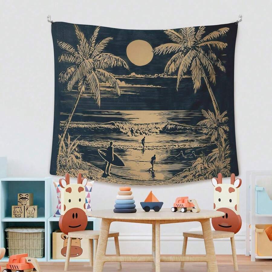 Beach sunset palm tree tapestry used as playroom wall decor above table and toys
