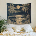 Tropical beach tapestry above bed with white bedding plants and boho decor
