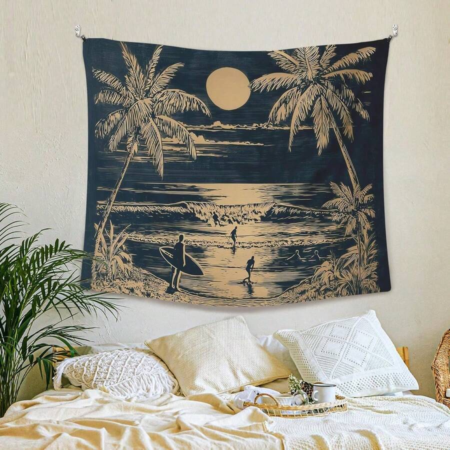 Tropical beach tapestry above bed with white bedding plants and boho decor