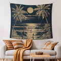 Coastal surf tapestry hanging above beige sofa with rust pillows and throw