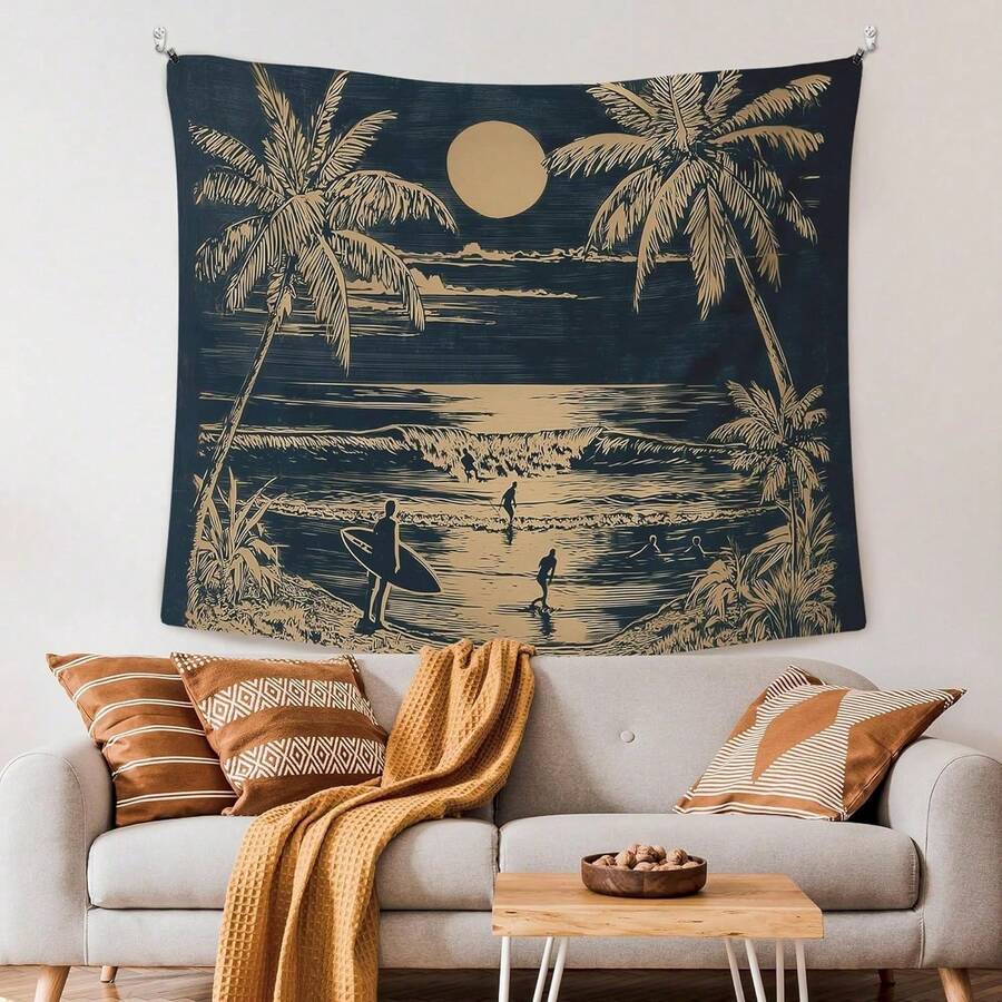 Coastal surf tapestry hanging above beige sofa with rust pillows and throw