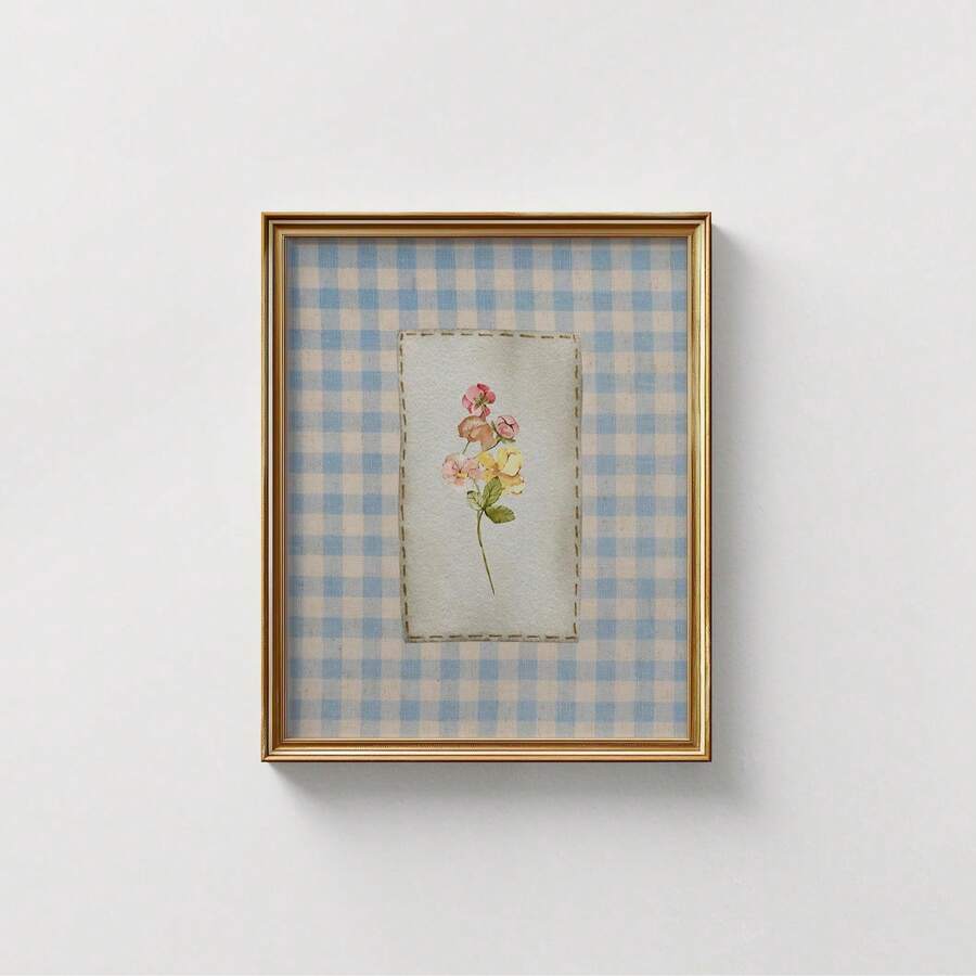 Pastel gingham floral wall art in wood frame