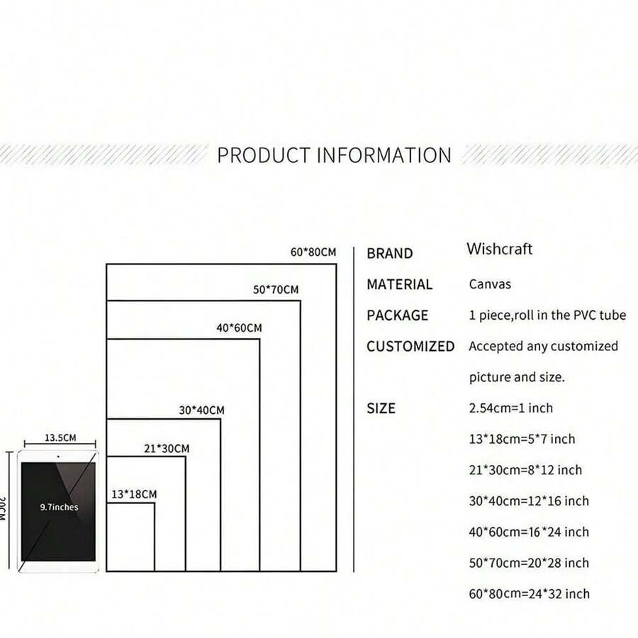 Canvas poster size guide showing available dimensions