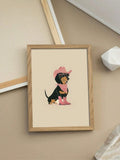 Framed dachshund illustration in wood frame lying on neutral styling surface