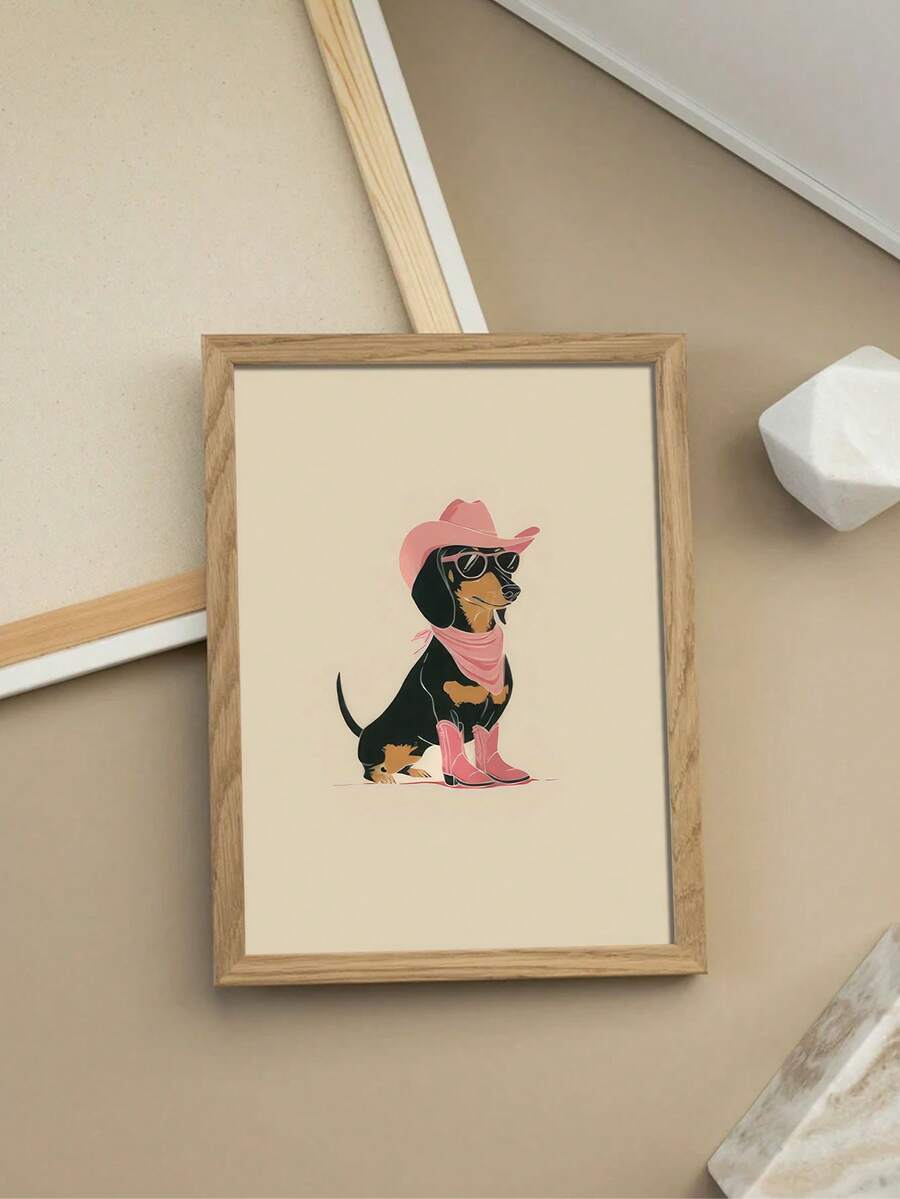 Framed dachshund illustration in wood frame lying on neutral styling surface