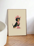 Large dachshund wall art with pink cowboy hat and boots on cream background