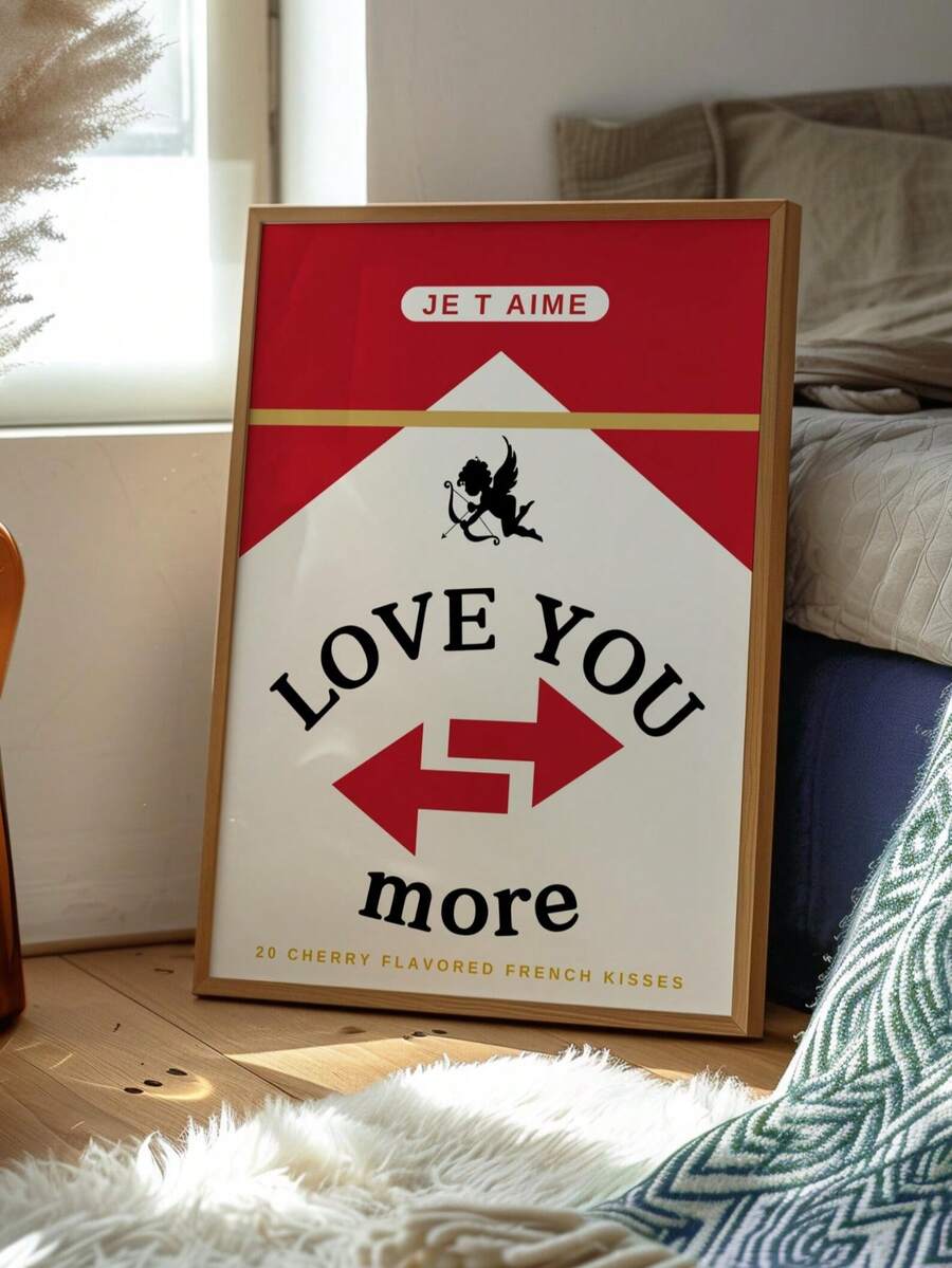 Romantic wall decor with JE T AIME and gold frame mockup