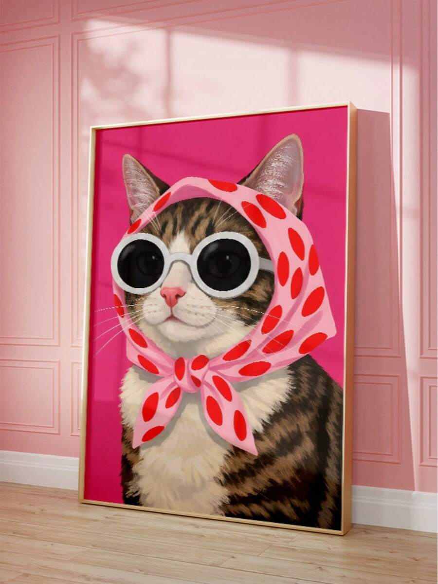 Tabby cat wearing sunglasses and a pink polka-dot scarf