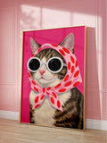 Playful pink cat canvas poster in a modern interior