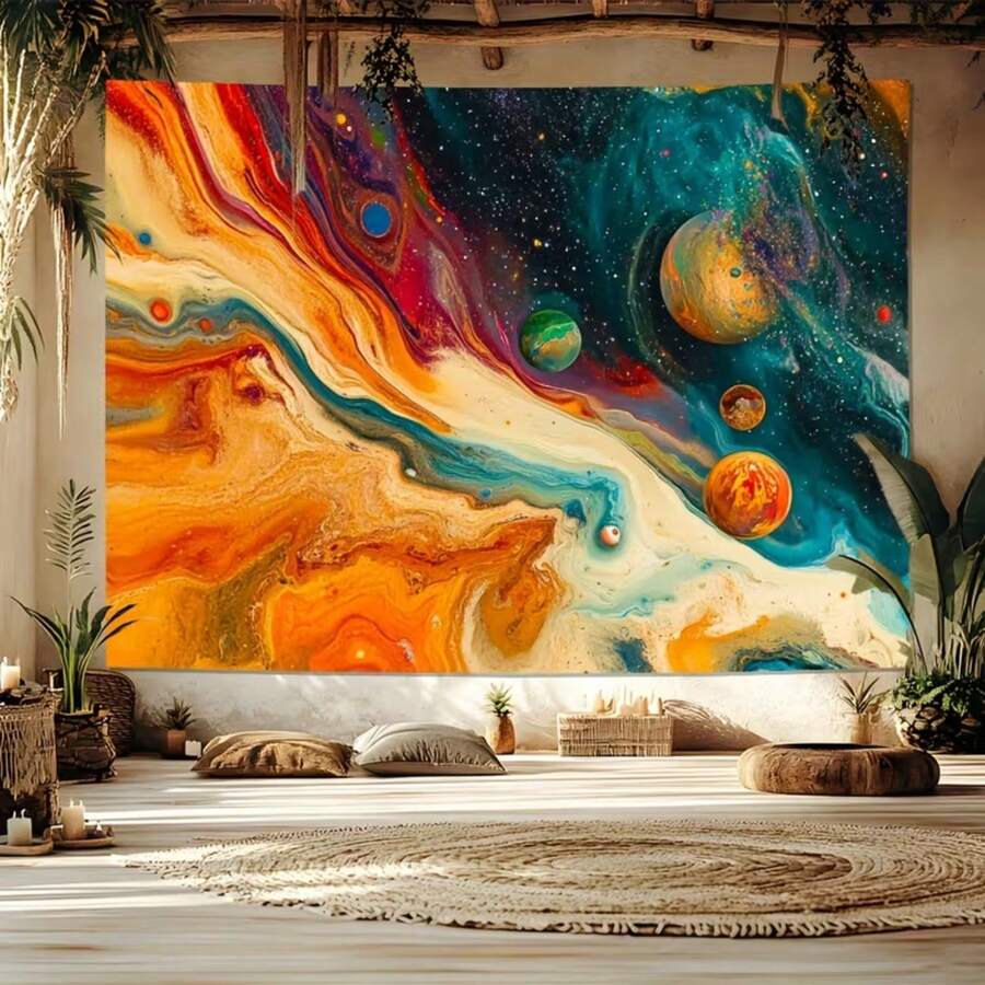 Abstract galaxy tapestry with planets nebula cosmic river and orange teal colors