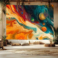 Abstract galaxy tapestry with planets nebula cosmic river and orange teal colors